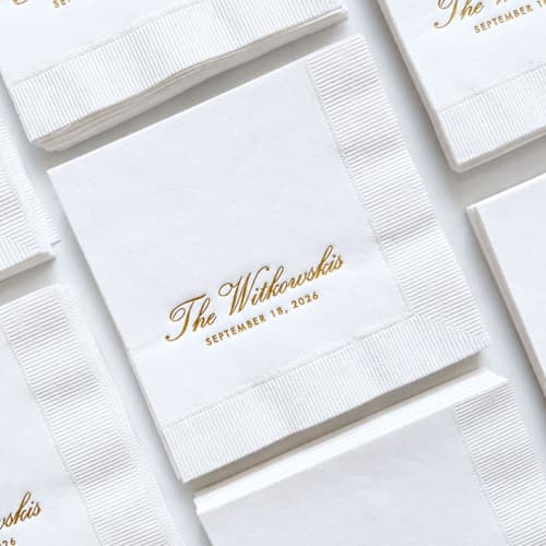 This is a white decorative paper napkins by Alyssa Cook called custom wedding cocktail napkin | set of 50 | choose your foil color in standard