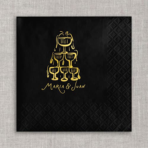 This is a black decorative paper napkins by Orchid Studio called customizable champagne tower cocktail napkins - black napkins (set of 100) in standard