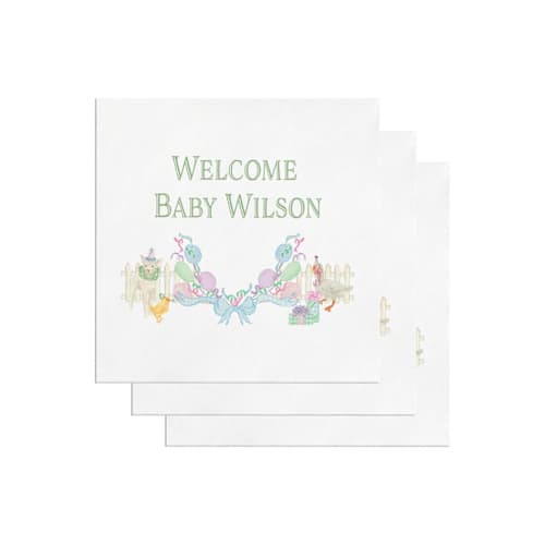This is a white decorative paper napkins by Papel Custom Design called little lamb and goose personalized watercolor baby shower napkins in standard