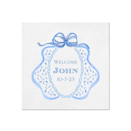 This is a white decorative paper napkins by Papel Custom Design called blue bib baby shower napkin in standard