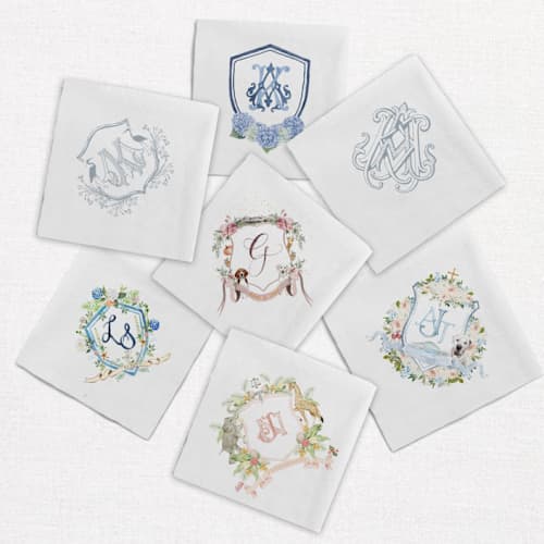 This is a white decorative paper napkins by Alyssa Cook called monogram cocktail napkin | send your design | set of 50 in standard
