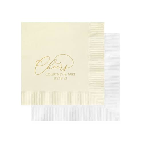 This is a multicolorassorted-colors decorative paper napkins by Papel Custom Design called custom foil cheers wedding napkins | pack of 100 in standard