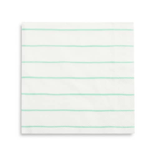 This is a green decorative paper napkins by Jollity and Co called mint frenchie stripes petite napkins in standard