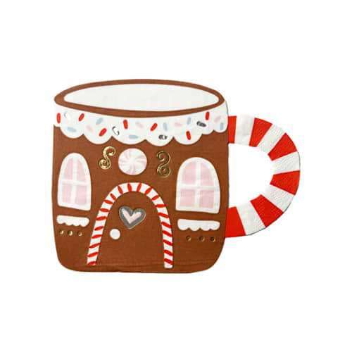 This is a brown decorative paper napkins by Jollity and Co called baking spirits bright gingerbread house mug large napkins - set of 16 in standard