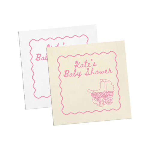 This is a white decorative paper napkins by Papel Custom Design called pink bassinet personalized baby shower napkins, artwork by ellie armstrong in standard