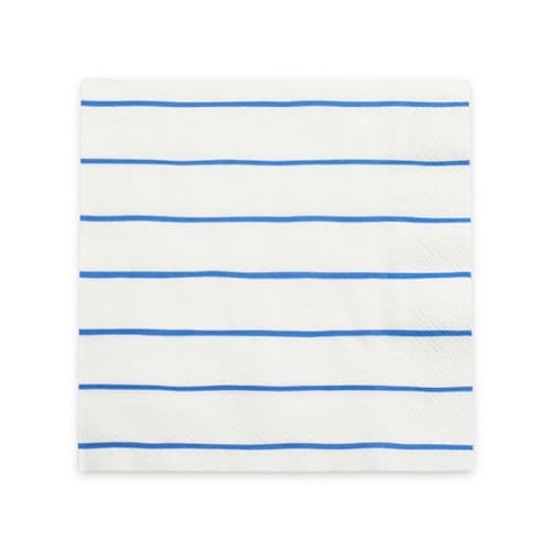 This is a blue decorative paper napkins by Jollity and Co called cobalt frenchie stripes large napkins in standard
