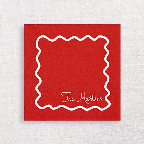 This is a red decorative paper napkins by Papel Custom Design called personalized holiday wavy border premium cocktail napkins | pack of 50 premium quality in standard