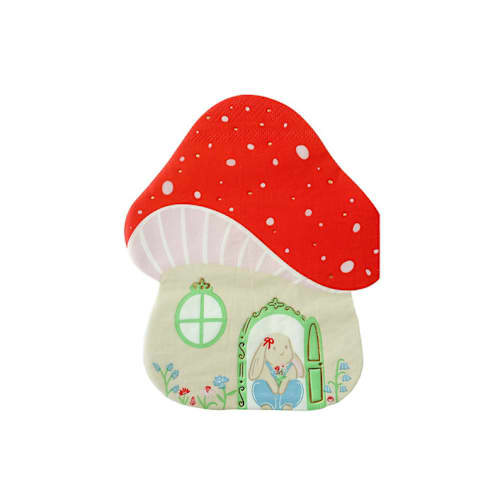 This is a multicolor decorative paper napkins by Jollity and Co called bunnies in the garden mushroom house large napkins - set of 16 in standard
