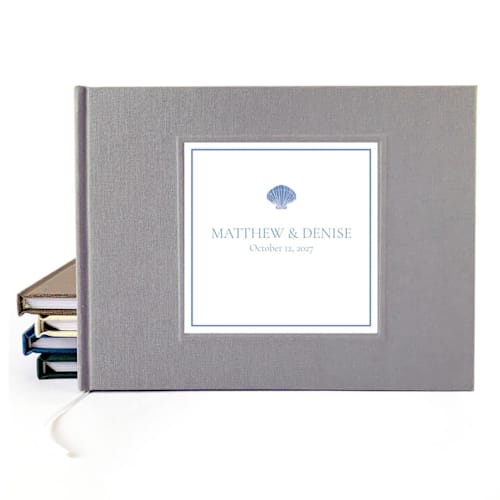 This is a gray guest books by Transient Books called custom wedding guest book · minimalist nautical shell · gray linen in standard