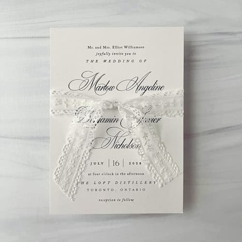 This is a white wedding ribbon by Honey Silks Co called lace ribbon - delicate white - 1" x 5 yards in standard