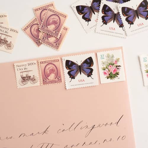 This is a purple stamps by Flourish Fine Writing called bridgerton garden postage set // set of 5 // $1.85 in postage in standard
