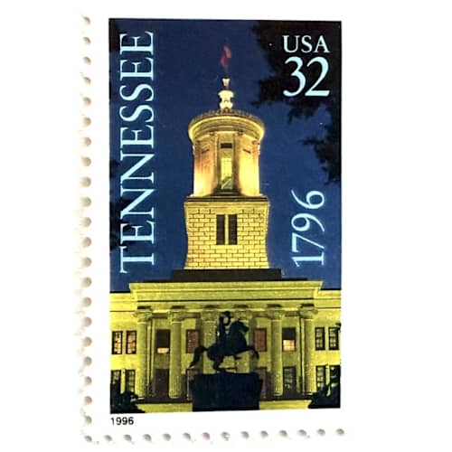 This is a blue stamps by Heritage Post House called tennessee bicentenary statehood postage stamps | statehood issue | nashville | wedding stamps | vintage unused usps postage 32c | pack of 20 in standard