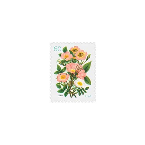 This is a pink stamps by Flourish Fine Writing called 60 cent pink garden botanical postage stamps // set of 5 // unused vintage postage in standard