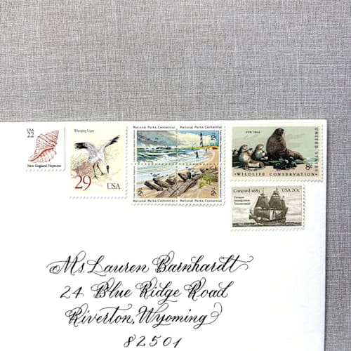 This is a natural stamps by Heritage Post House called beach vintage postage set | wedding stamps | each set will mail a 1 oz letter | 10 sets (80 stamps total) in standard