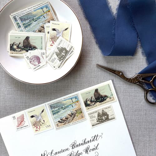 This is a natural stamps by Heritage Post House called beach vintage postage set | wedding stamps | each set will mail a 1 oz letter | 10 sets (80 stamps total) in standard