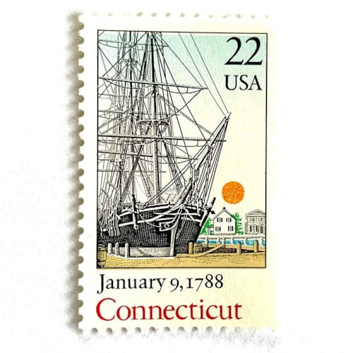 This is a blue stamps by Heritage Post House called connecticut bicentenary statehood postage stamps | statehood issue | new england | wedding stamps | vintage unused usps postage 22c | pack of 10 in standard