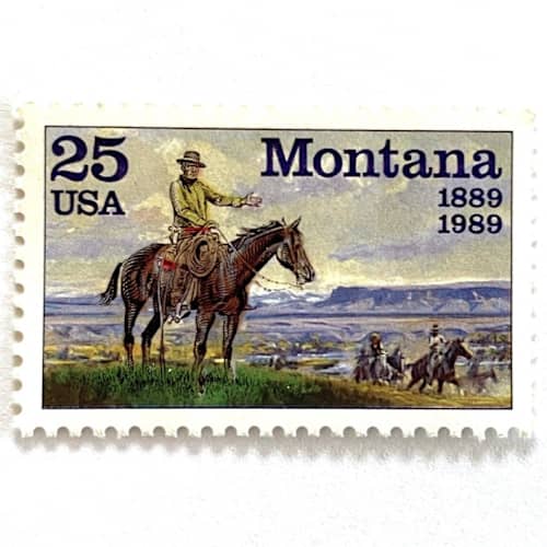 This is a purple stamps by Heritage Post House called montana statehood postage stamps | statehood issue | western cowboy | big sky | wedding stamps | vintage unused usps postage 25c | pack of 20 in standard