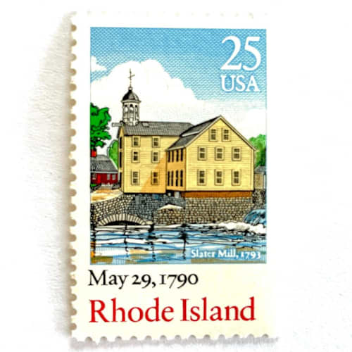 This is a blue stamps by Heritage Post House called rhode island bicentenary statehood postage stamps | statehood issue | slater mill pawtucket | wedding stamps | vintage unused usps postage 25c | pack of 20 in standard