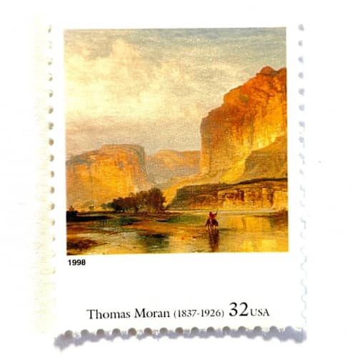 This is a beige stamps by Heritage Post House called thomas moran's cliffs of green river postage stamps | four centuries of american art series | western | wedding stamps | vintage unused usps postage 32c | pack of 10 in standard