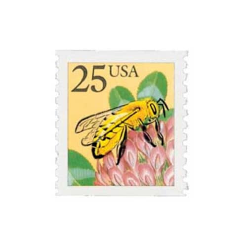 This is a yellow stamps by Flourish Fine Writing called 25 cent honeybee postage stamps // set of 10 // unused vintage stamps in standard