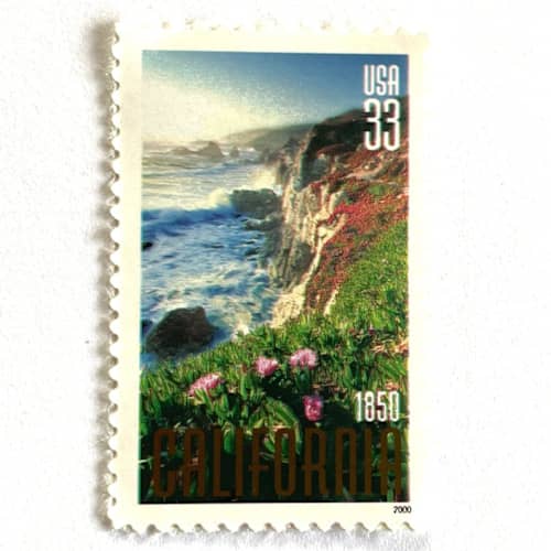 This is a blue stamps by Heritage Post House called california statehood 150th anniversary postage stamps | statehood issue | big sur coast | wedding stamps | vintage unused usps postage 33c | pack of 10 in standard