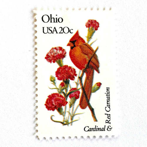 This is a red stamps by Heritage Post House called ohio postage stamps | state bird and flower issue | cardinal & red carnation | vintage unused usps postage 20c | pack of 10 in standard