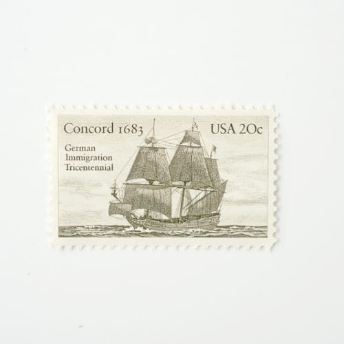 This is a gray stamps by Flourish Fine Writing called 20 cent concord ship postage stamps // set of 10 // unused vintage postage in standard