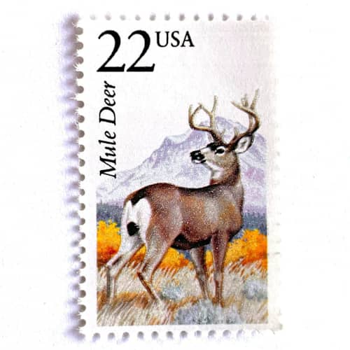 This is a brown stamps by Heritage Post House called mule deer postage stamps | north american wildlife series | wedding stamps | vintage unused usps postage 22c | pack of 10 in standard