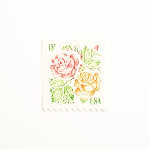 This is a pink stamps by Flourish Fine Writing called 15 cent medallion rose postage stamps // set of 10 // unused vintage stamps in standard