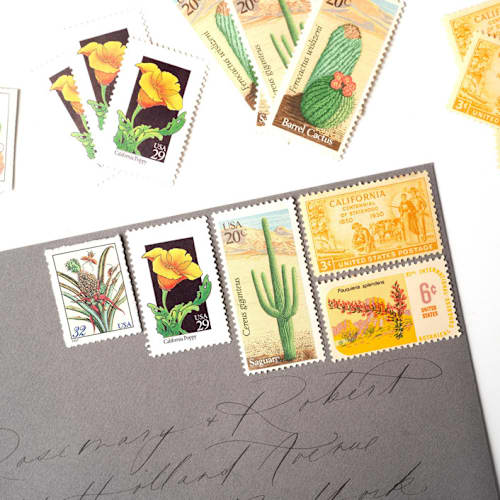This is a yellow stamps by Flourish Fine Writing called california desert postage set // set of 5 // $.90 per set in standard
