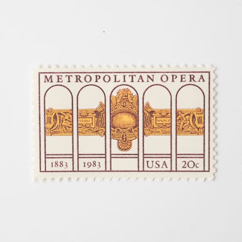 This is a gold stamps by Flourish Fine Writing called 20 cent metropolitan opera postage stamps // set of 10 // unused vintage stamps in standard