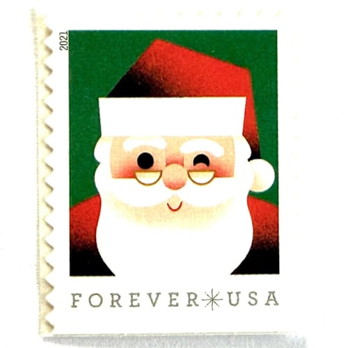 This is a green stamps by Heritage Post House called winking santa claus postage stamps | a visit from st. nick set | christmas holiday stamps | unused usps forever stamp | pack of 10 in standard