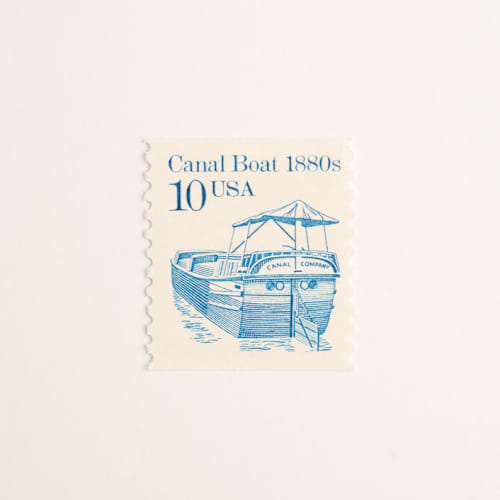 This is a blue stamps by Flourish Fine Writing called 10 cent canal boat postage stamps // set of 10 // unused postage stamps in standard