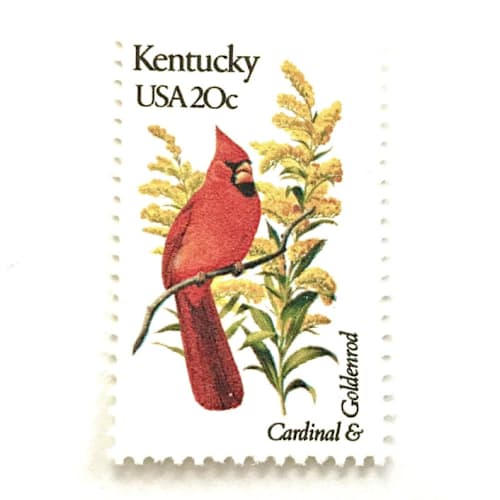 This is a red stamps by Heritage Post House called kentucky postage stamps | state bird and flower issue | cardinal & goldenrod | vintage unused usps postage 20c | pack of 10 in standard