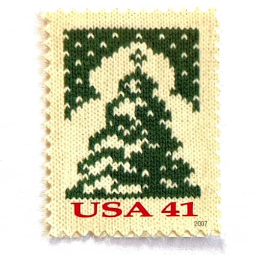 This is a green stamps by Heritage Post House called holiday knits christmas tree postage stamps | contemporary christmas series | christmas stamps | vintage unused usps postage 41c | pack of 10 in standard