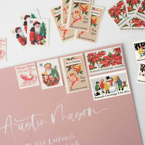 This is a red stamps by Flourish Fine Writing called santa's coming to town vintage postage set // set of 5 // unused // sleigh in standard