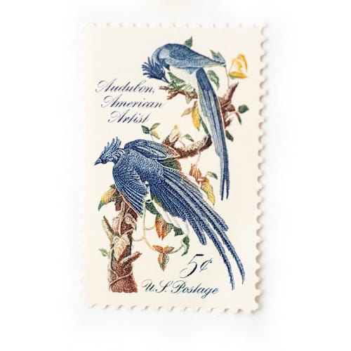 This is a blue stamps by Flourish Fine Writing called 5 cent audubon blue jay postage stamp // set of 10 // unused in standard