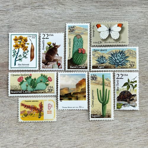 This is a multicolorassorted-colors stamps by Kristen Melchor called 87 cents . southwest desert vintage postage stamp variety pack . set of 5 in standard