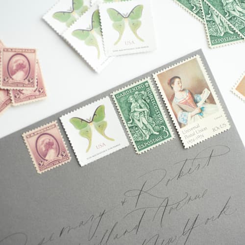 This is a green stamps by Flourish Fine Writing called heirloom garden postage set // set of 5 // $1.47 in postage per set in standard