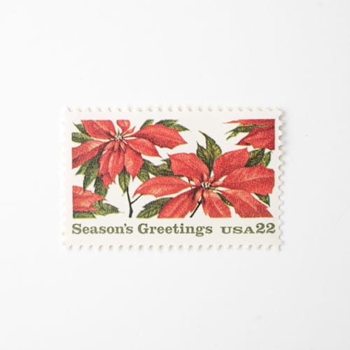 This is a red stamps by Flourish Fine Writing called 22 cent poinsettia postage stamps // set of 10 // unused holiday postage in standard