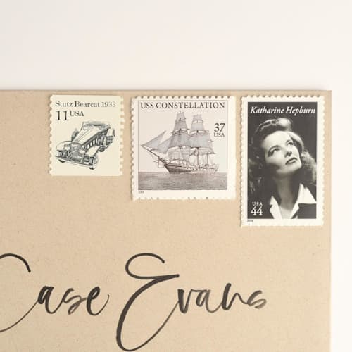 This is a black stamps by Flourish Fine Writing called timeless and elegant black and white postage set // set of 5 // $.92 in postage per set in standard