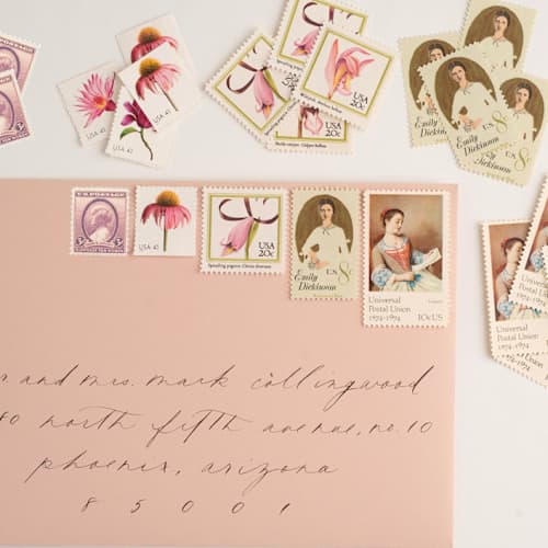 This is a pink stamps by Flourish Fine Writing called romantic spring vintage postage set // set of 5 // 82 cents in standard