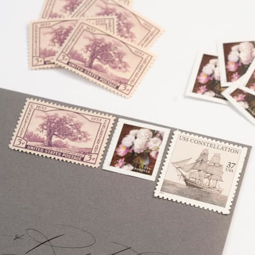 This is a pink stamps by Flourish Fine Writing called blush floral and neutral ship vintage postage set // 2 ounce envelope // $1.18 in postage per set in standard