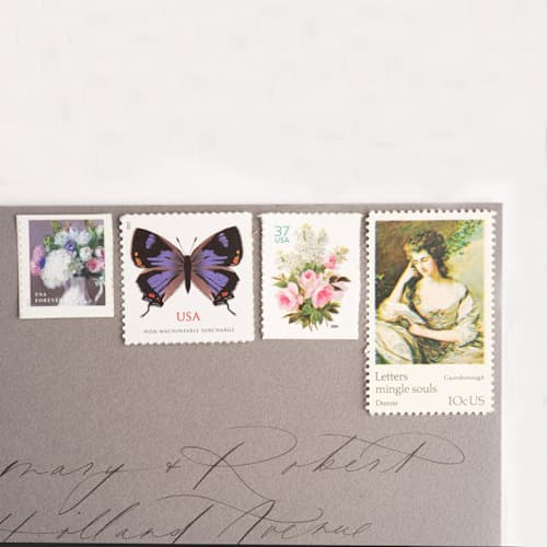 This is a green stamps by Flourish Fine Writing called butterfly garden postage set // set of 5 // $2.52 in postage in standard