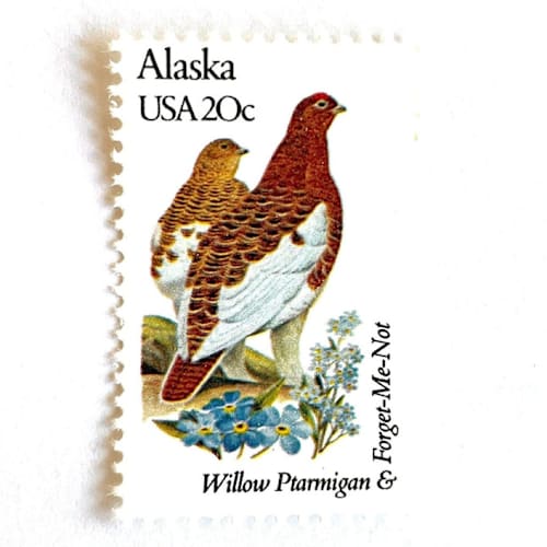 This is a blue stamps by Heritage Post House called alaska postage stamps | state bird and flower issue | willow ptarmigan & forget-me-not | vintage unused usps postage 20c | pack of 10 in standard