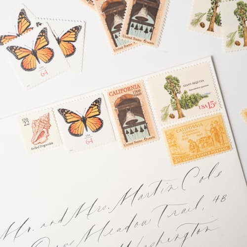 This is a yellow stamps by Flourish Fine Writing called california coast postage set // set of 5 // $1.10 in postage per set in standard