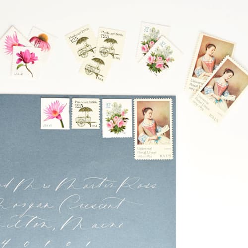 This is a pink stamps by Flourish Fine Writing called lady in the garden vintage postage set // 5 sets // $1.005 per set in standard