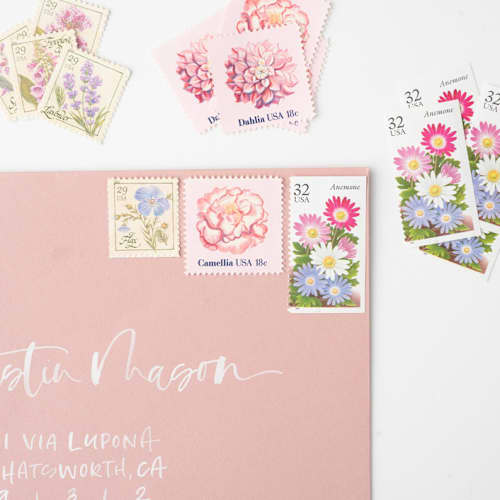 This is a pink stamps by Flourish Fine Writing called summer gardens postage set // set of 5 // $.79 in postage per set in standard