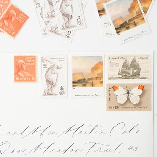 This is a orange stamps by Flourish Fine Writing called old world verona sunset postage set // set of 5 // $1.03 in postage per set in standard