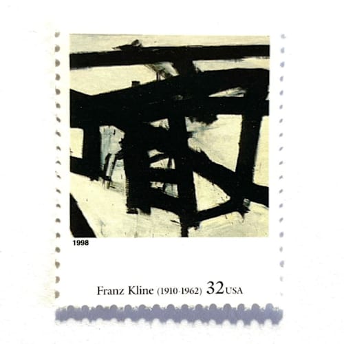 This is a black stamps by Heritage Post House called franz kline's mahoning postage stamps | four centuries of american art series | abstract art | wedding stamps | vintage unused usps postage 32c | pack of 10 in standard